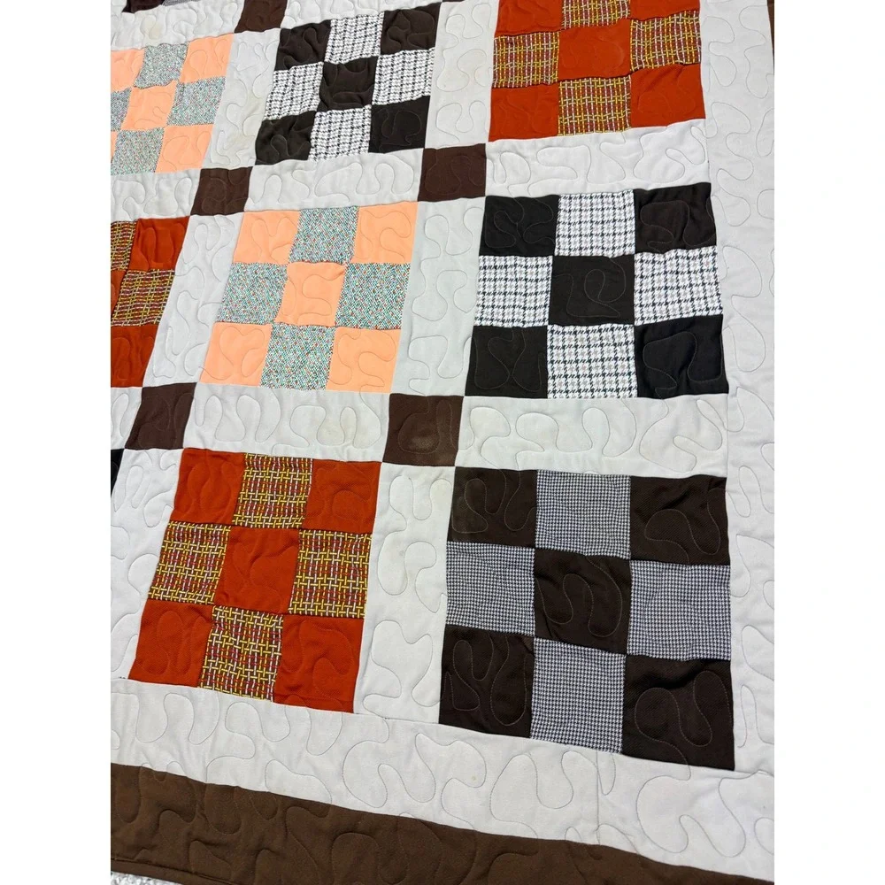 Handmade Patchwork Quilt Brown Orange Plaid Blanket 60